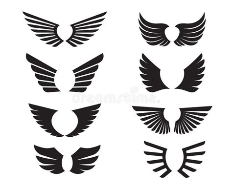 Set Of Black Angel Wings Vector Illustration And Outline Icons Stock