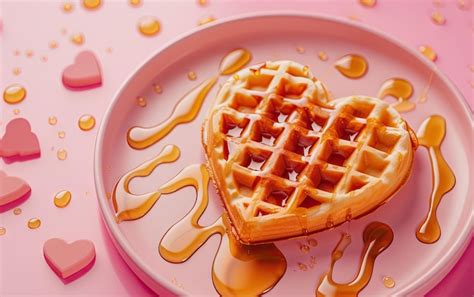 Premium Photo Heartshaped Waffles Drizzled With Syrup On Pastel