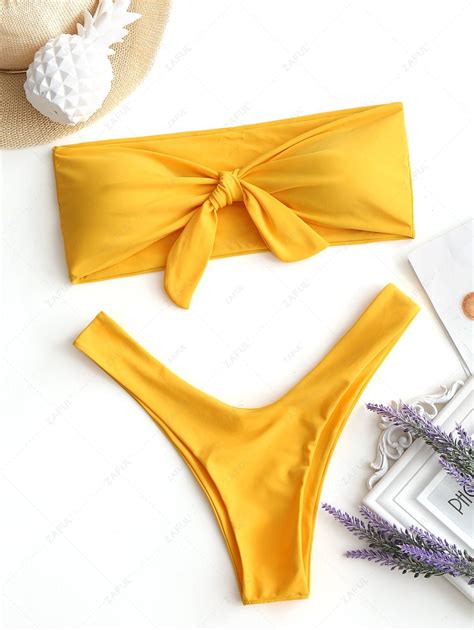 Off Bowtie High Cut Bandeau Bikini In Yellow Zaful