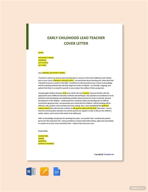 Early Head Start Teacher Cover Letter In Word Google Docs Pages Pdf