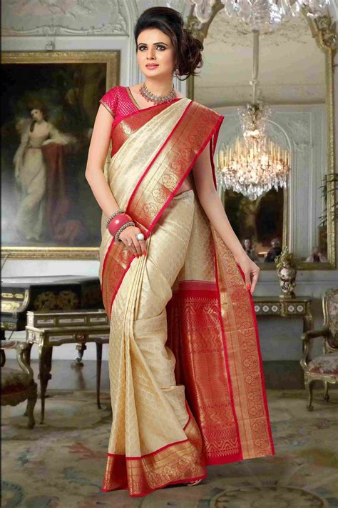 Update 73 Cream Saree With Golden Border Super Hot Noithatsivn