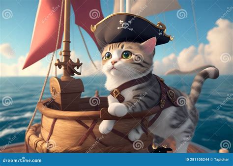 A Cute Cat Wearing Pirate Hat Riding On A Pirate Boat Stock