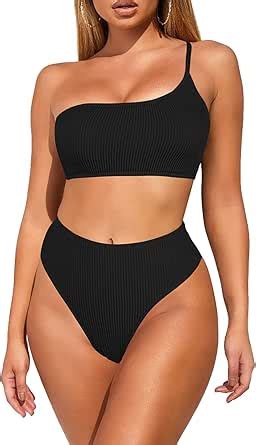 Amazon Pink Queen Women S 2 Piece High Waisted Bikini Set One Shoulder High Cut Ribbed