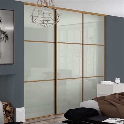 Linear Sliding Wardrobe Door 3 Panel Arctic White Glass With Oak Frame W762mm Homebase