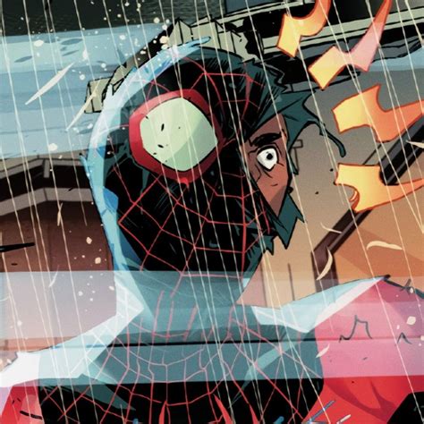 Spider Man In The Rain With His Face Covered By An Orange And Black Mask