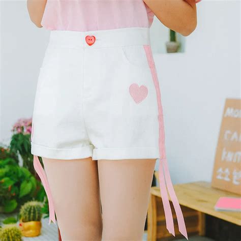 2018 Harajuku Short Women Korean Summer Kawaii Pink Ribbon Heart Shape