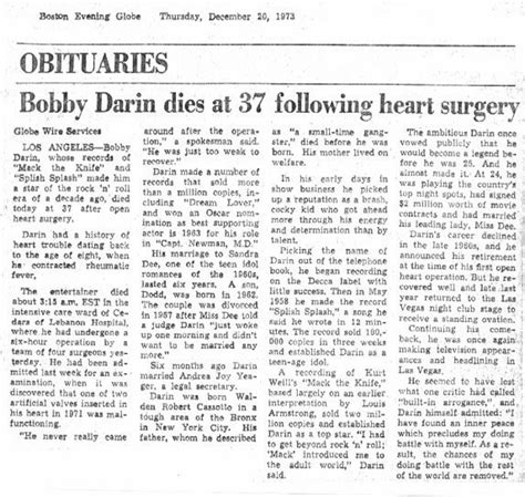 Bobby Darin Obituary In Boston Evening Globe