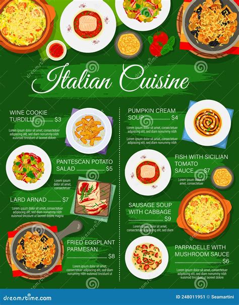 Italian Cuisine Menu Italy Food Pasta And Salads Stock Vector