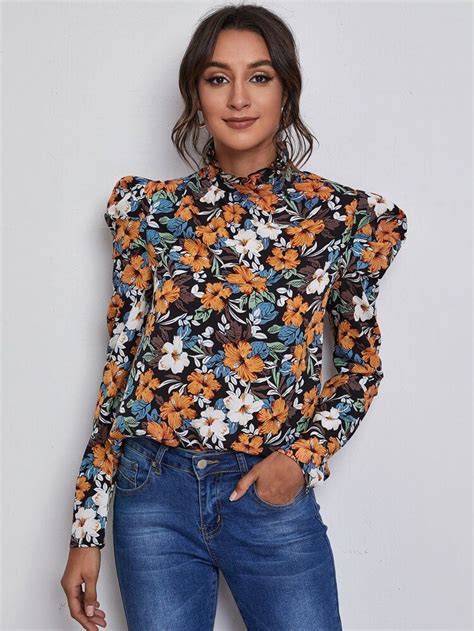 Floral Top With Frill Mock Neck And Gigot Sleeves