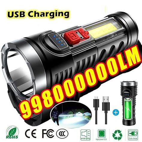 Super Bright flashlight 100000 lumen Torch Led Flashlight USB Rechargeable Tactical light UK COB ...