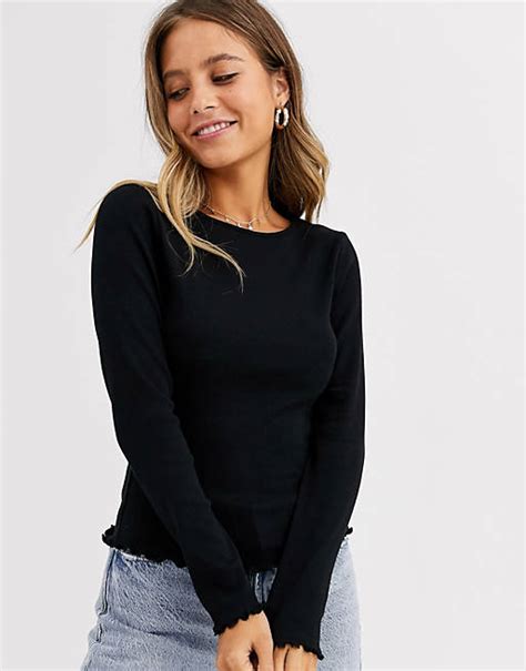 New Look Lettuce Edge Ribbed Long Sleeve Top In Black Asos