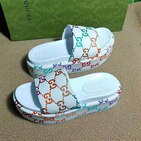 Gucci Platform Slide Sandals Colorful White Beach Babe Bikini