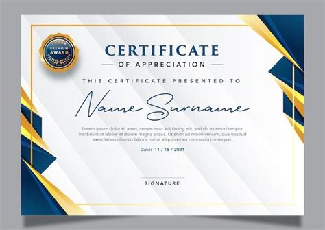 An Award Certificate With Blue And Gold Stripes