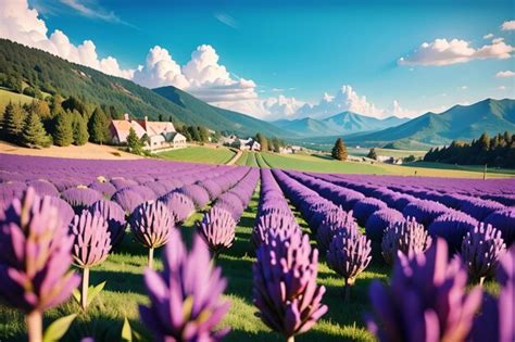 Un Campo De Flores Moradas Con Una Monta A Al Fondo Foto Premium