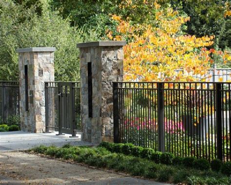 Lovely Wrought Iron Fence Front Yard With Stone Pillars Fence Gate Design Iron Fence Front