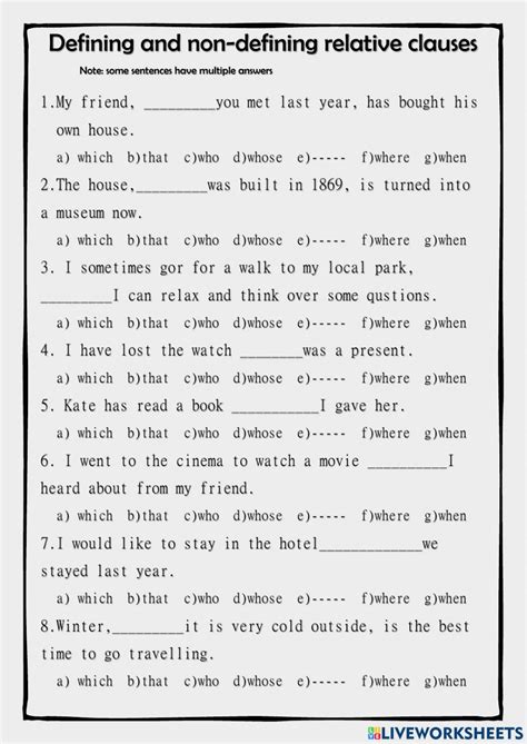 Defining And Non Defining Relative Clauses Worksheet