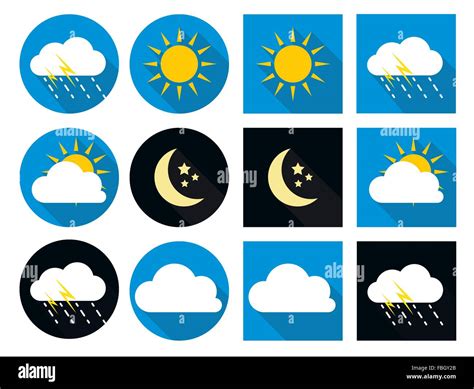 Weather Icons With Sun Cloud Rain And Moon In Flat Style Stock Vector