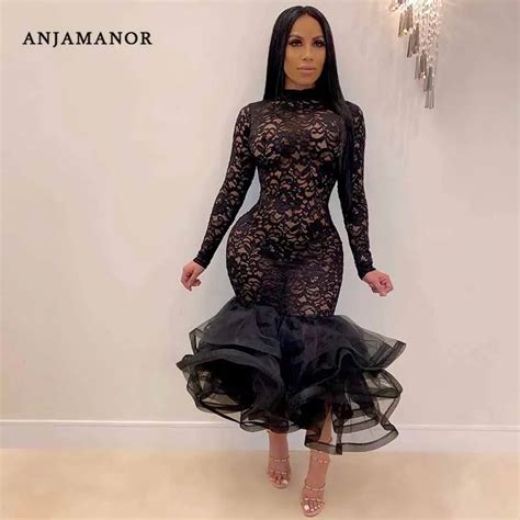 Anjamanor Sexy Organza Ruffle Mesh Lace See Through Black Bodycon Dress