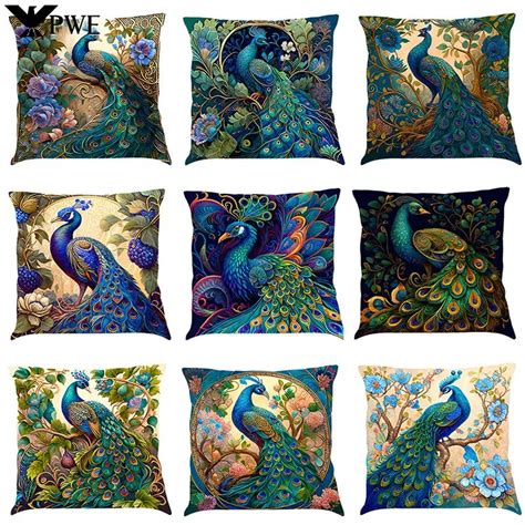 Nordic Style Oil Painting Peacock Cushion Cover 45x45cm Linen Sofa