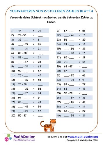 Subtrahieren Von Stelligen Zahlen Blatt Arbeitsbl Tter Math Center