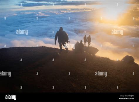 Descending Acatenango Volcano at sunrise, Antigua, Guatemala Stock ...