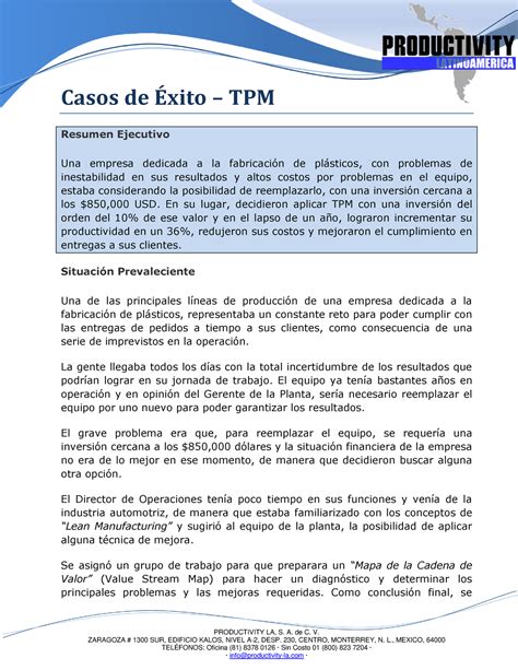 Lectura TPM Caso Exito En Industria Pl Sticos PRODUCTIVITY LA S A