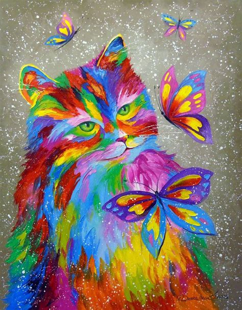 The Rainbow Cat And Butterflies Painting By Olha Darchuk Saatchi Art