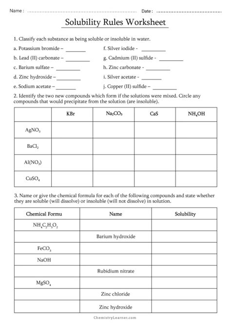 Free Printable Solubility Rules Worksheets