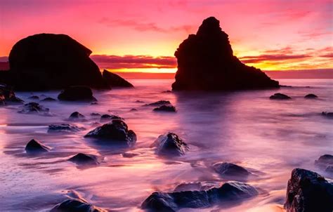 Wallpaper Sea The Sky Clouds Sunset Stones Rocks Glow For Mobile