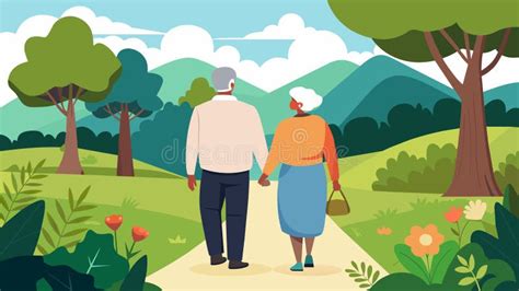 An Elderly Couple Walking Hand In Hand Through A Serene Lush Garden