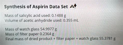 Solved Synthesis Of Aspirin Data Set Ay Mass Of Salicylic Acid Used