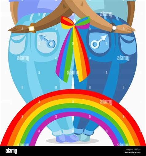 Two Dark Skin Gay Men In Jeans Holding Each Other Connected With Rainbow Stock Vector Image