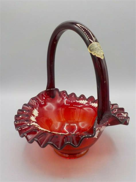 Vtg 60 S Fenton Ruby Red Amberina Glass Basket Painted Holly Leaves Sticker Logo 3787418919