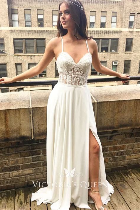 Sexy Sheer Lace And Chiffon Spaghetti Straps V Neckline Slit Wedding Dress Vq