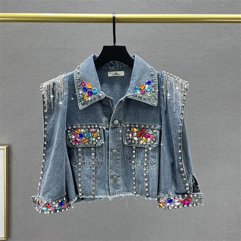 Sdrawing Tassel Rivet Colorful Diamond Denim Jacket Fashion Women Long