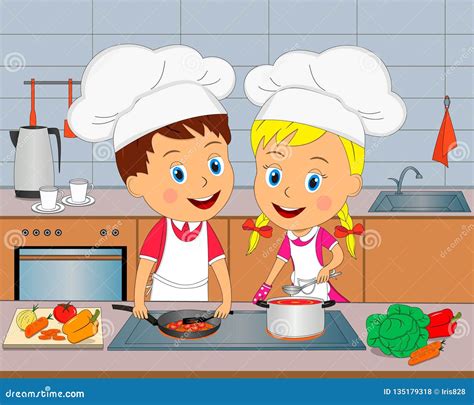 Boy And Girl Are Cooking Meal Stock Vector Illustration Of Children