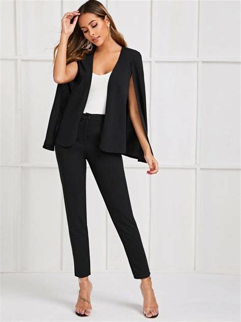 Solid Cape Blazer Pants Set Cape Blazer Cape Blazer Outfit Casual