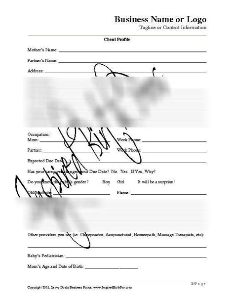 Client Intake Form For Birth Doulas Printable