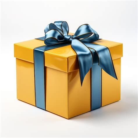 Premium Photo Yellow Gift Box With Blue Ribbon Isolated On White