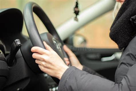 Girl Driving Her Own Car In Motion Close Up Hands On The Steering