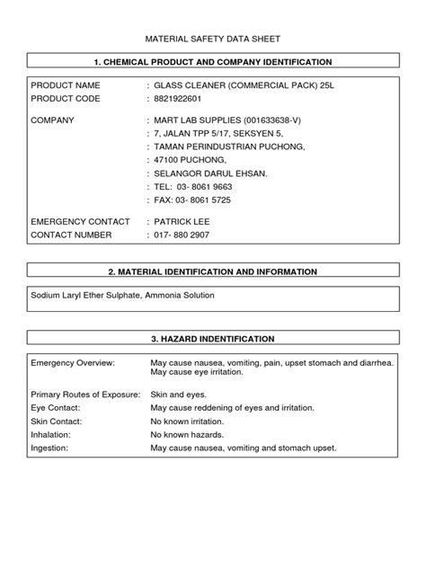 1 Msds Glass Cleaner 25l Pdf Water Firefighting