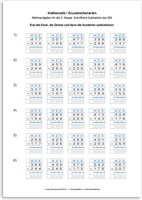 Arbeitsblatt Mathematik Grundrechenarten Subtraktion Schriftlich