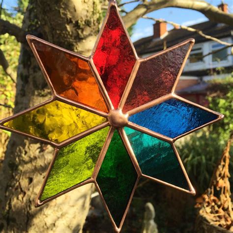 Stained Glass Suncatcher Panel Copper Multi Coloured Star Etsy Copper Art Stained Glass