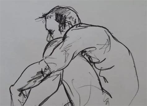 ORIGINAL CHARCOAL PENCIL Drawing Of A Male Nude In A Crouching Pose In