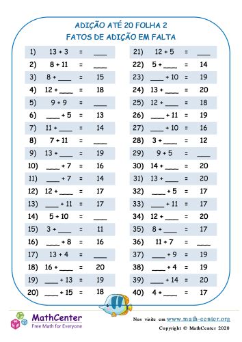 Adição Até 20 Folha 2 Planilhas Math Center