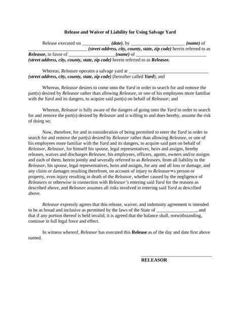 Release And Waiver Of Liability For Using Salvage Yard Form Fill Out