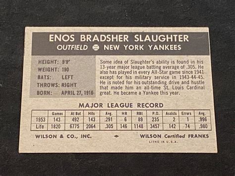 Lot EXMT 1954 Wilson Franks Enos Slaughter Baseball Card