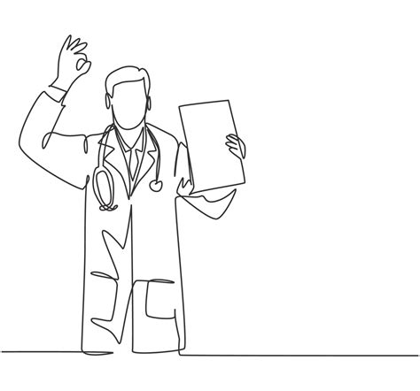 One Single Line Drawing Of Young Happy Male Doctor Showing Medical To