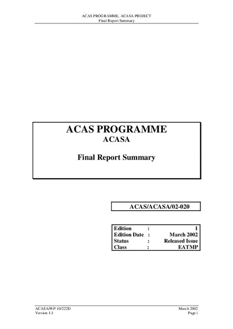 ACAS Programme ACASA: Final Report Summary | SKYbrary Aviation Safety