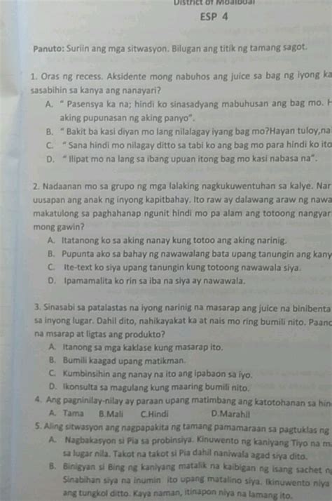 ESP 4 Panuto Suriin Ang Mga Sitwasyon Bilugan StudyX